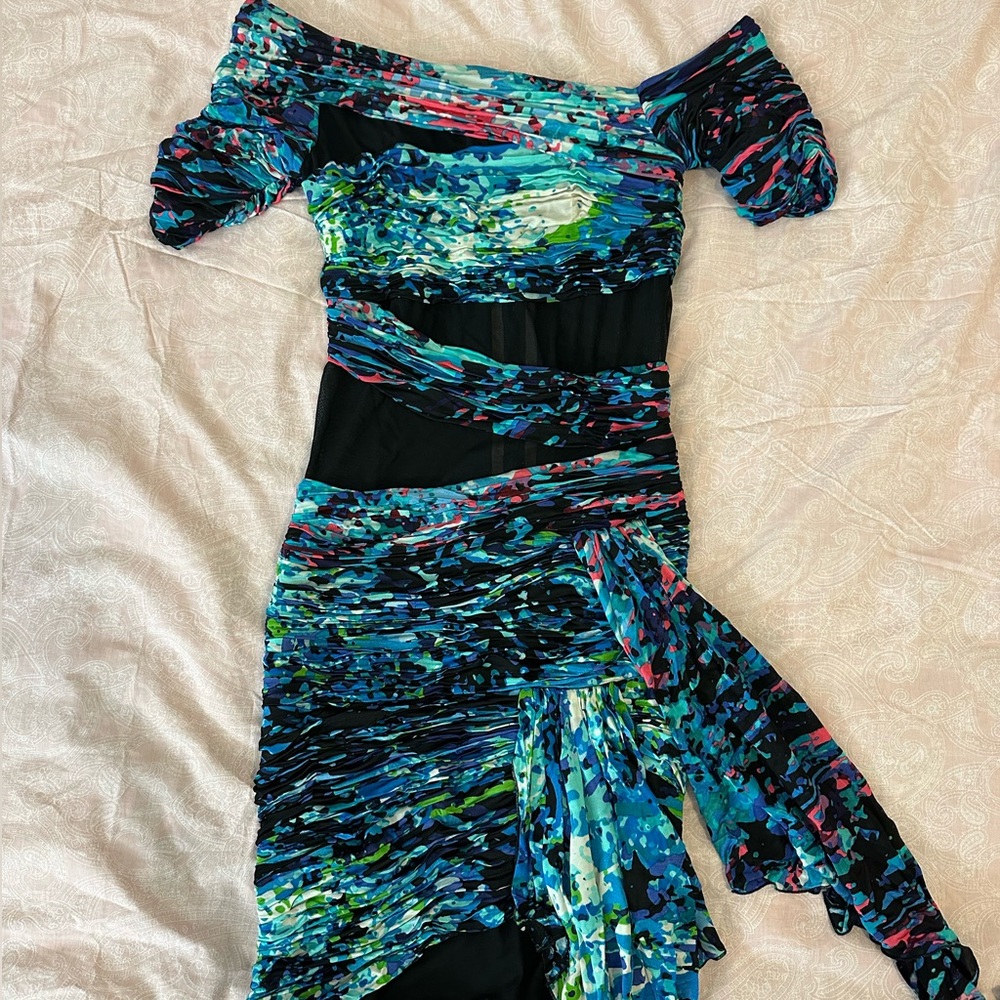 BCBG MaxAzria Runway Dutch Blue Print Jersey Mesh Cap Sleeve Bodycon Dress XXS